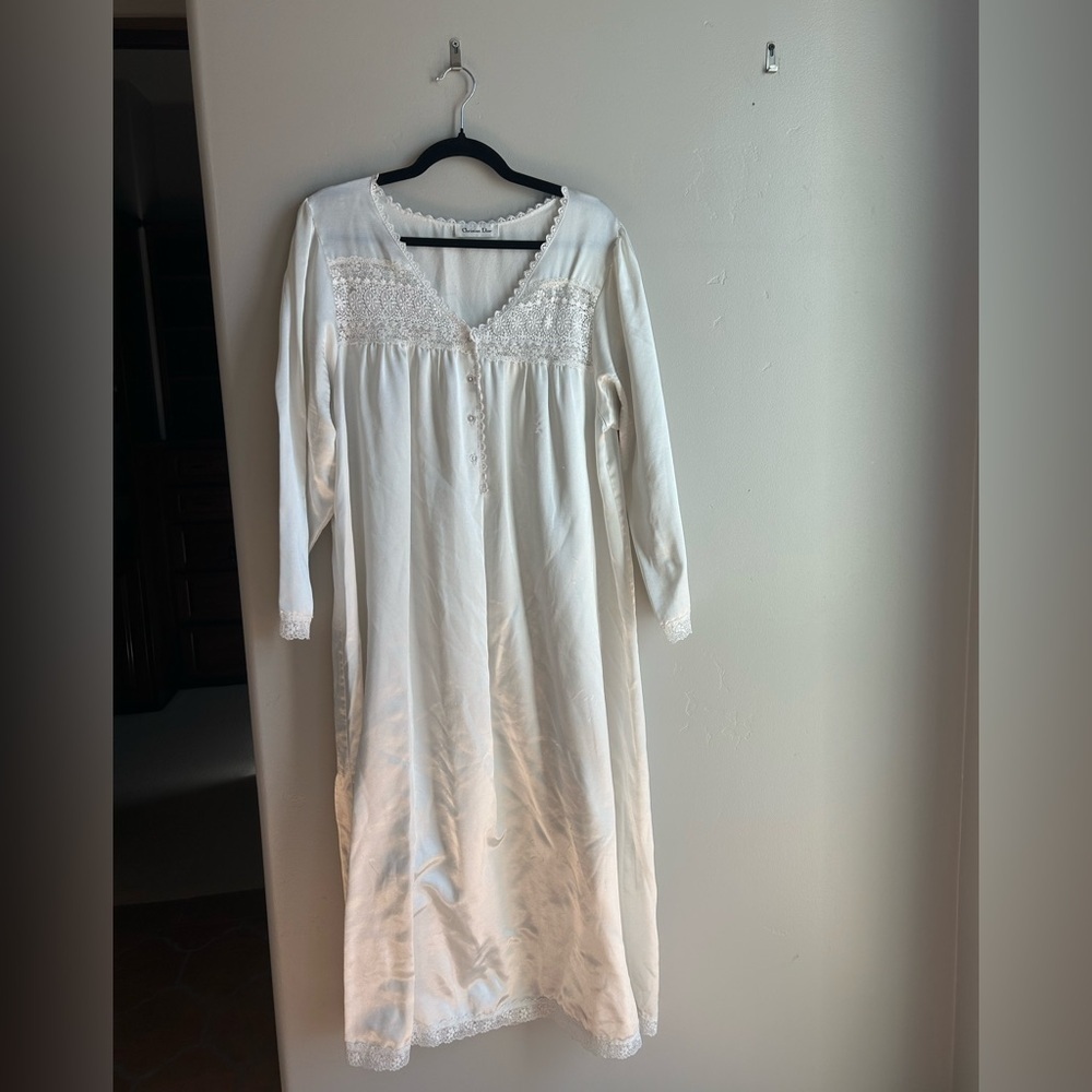 Christian Dior Vintage Lace Trim White Maxi Slip Dress Cottagecore Nightgown